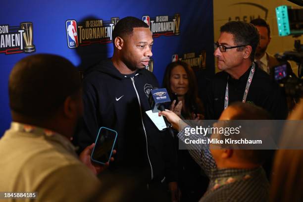 Head Coach Willie Green of the New Orleans Pelicans talks to the media after the game against the Los Angeles Lakers as part of the 2023 NBA...