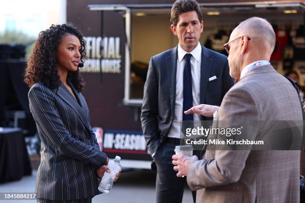 Reporter Malika Andrews and Bob Myers look on before the game between the Indiana Pacers and Milwaukee Bucks as part of the 2023 NBA In-Season...
