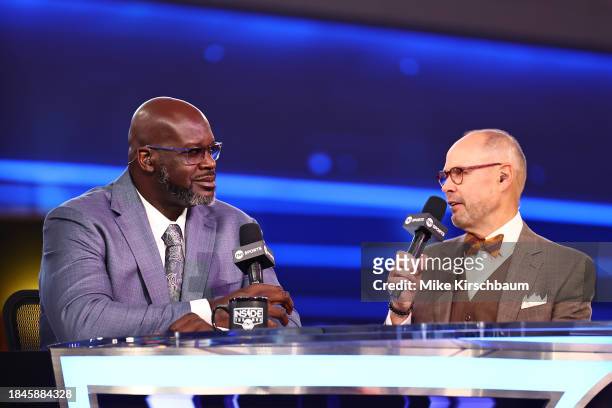 Ernie Johnson Jr. And Shaquille O'Neal look on before the game between the New Orleans Pelicans and Los Angeles Lakers as part of the 2023 NBA...