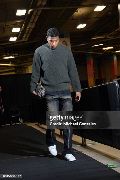 Rui Hachimura of the Los Angeles Lakers arrives to the arena before the game against the San Antonio Spurs on December 13, 2023 at the Frost Bank...
