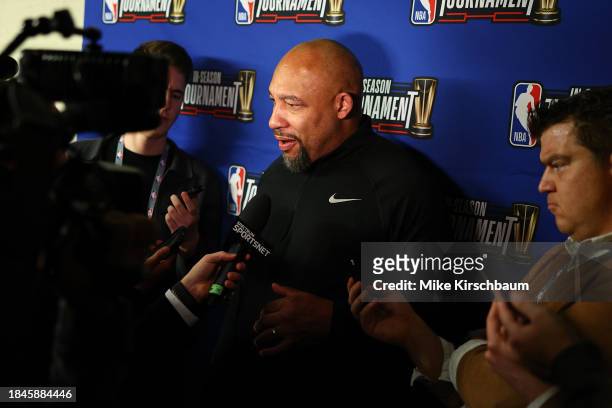 Head Coach Darvin Ham of the Los Angeles Lakers talks to the media after the game against the New Orleans Pelicans as part of the 2023 NBA In-Season...