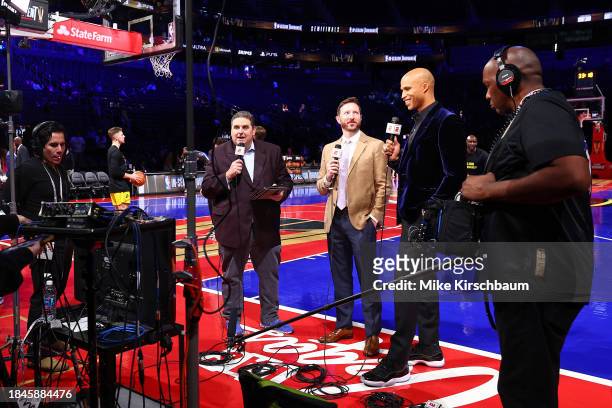 Reporters Dave McMenamin, Brian Windhorst, and Richard Jefferson look on before the game between the Indiana Pacers and Milwaukee Bucks as part of...