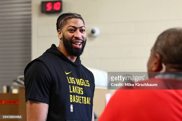 Anthony Davis of the Los Angeles Lakers arrives to the arena before the game against the New Orleans Pelicans as part of the 2023 NBA In-Season...