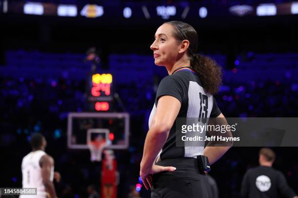 Referee Ashley Moyer-Gleich smiles during the game between the New Orleans Pelicans and Los Angeles Lakers during the semifinals of the In-Season...
