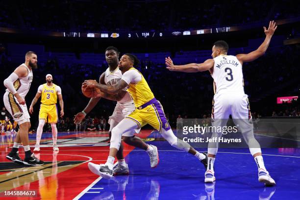 Angelo Russell of the Los Angeles Lakers drives to the basket during the game against the New Orleans Pelicans during the semifinals of the In-Season...