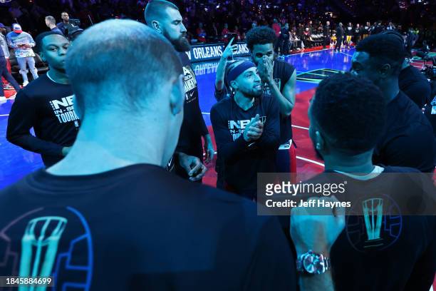 The New Orleans Pelicans huddle before the game against the Los Angeles Lakers during the semifinals of the In-Season Tournament on December 7, 2023...