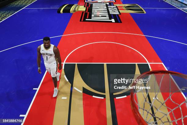 Zion Williamson of the New Orleans Pelicans looks on during the game against the Los Angeles Lakers during the semifinals of the In-Season Tournament...