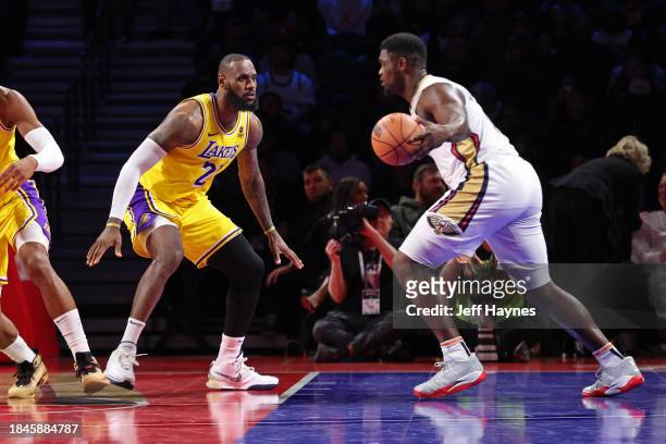 LeBron James of the Los Angeles Lakers plays defense during the game against the New Orleans Pelicans during the semifinals of the In-Season...