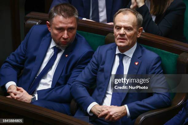 Donald Tusk, the leader of Civic Coalition and newly elected Prime Minister, and MP Marcin Kierwinski, attend the parliament session in Warsaw,...