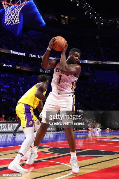 Zion Williamson of the New Orleans Pelicans rebounds during the game against the Los Angeles Lakers during the semifinals of the In-Season Tournament...