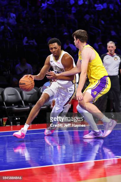 Trey Murphy III of the New Orleans Pelicans drives to the basket during the game against the Los Angeles Lakers during the semifinals of the...