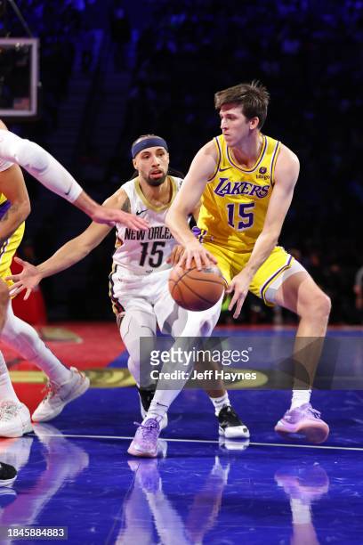 Austin Reaves of the Los Angeles Lakers passes the ball during the game against the New Orleans Pelicans during the semifinals of the In-Season...