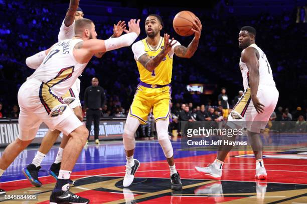 Angelo Russell of the Los Angeles Lakers drives to the basket during the game against the New Orleans Pelicans during the semifinals of the In-Season...