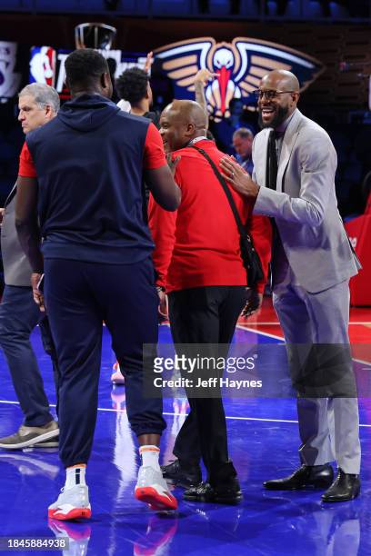 Andre Iguodala smiles before the game between the New Orleans Pelicans and Los Angeles Lakers during the semifinals of the In-Season Tournament on...