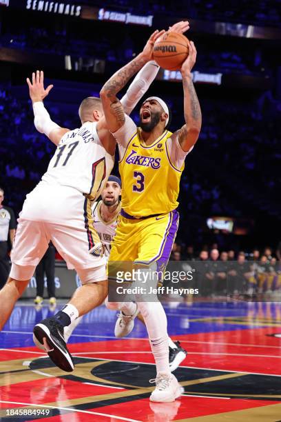 Anthony Davis of the Los Angeles Lakers drives to the basket during the game against the New Orleans Pelicans during the semifinals of the In-Season...