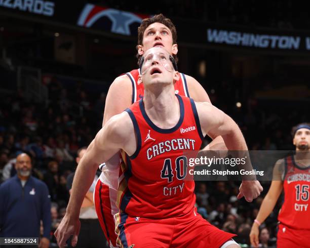 Cody Zeller of the New Orleans Pelicans boxes out during the game on December 13, 2023 at Capital One Arena in Washington, DC. NOTE TO USER: User...