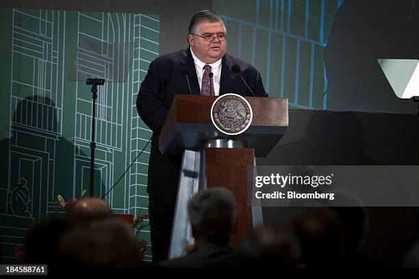 Agustin Carstens, governor of Banco de Mexico, speaks during the Banco de Mexico 20th Anniversary Of Independence Conference in Mexico City, Mexico,...