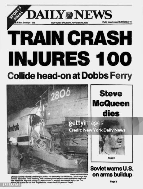 Daily News front page November 8, 1980 Headline: TRAIN CRASH INJURES 100 - Collide head-on at Dobbs Ferry - Officials examine wrecked Amtrak engine,...