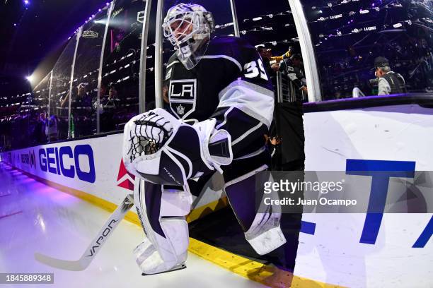 Cam Talbot of the Los Angeles Kings takes the ice prior to the first period against the Winnipeg Jets at Crypto.com Arena on December 13, 2023 in Los...