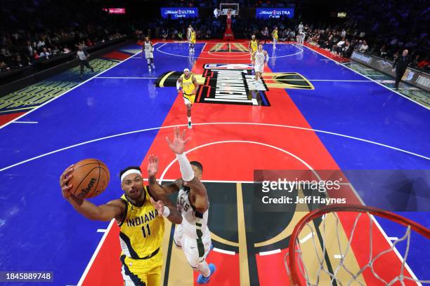 Bruce Brown of the Indiana Pacers drives to the basket during the game against the Milwaukee Bucks during the semifinals of the In-Season Tournament...