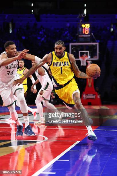 Obi Toppin of the Indiana Pacers drives to the basket during the game against the Milwaukee Bucks during the semifinals of the In-Season Tournament...