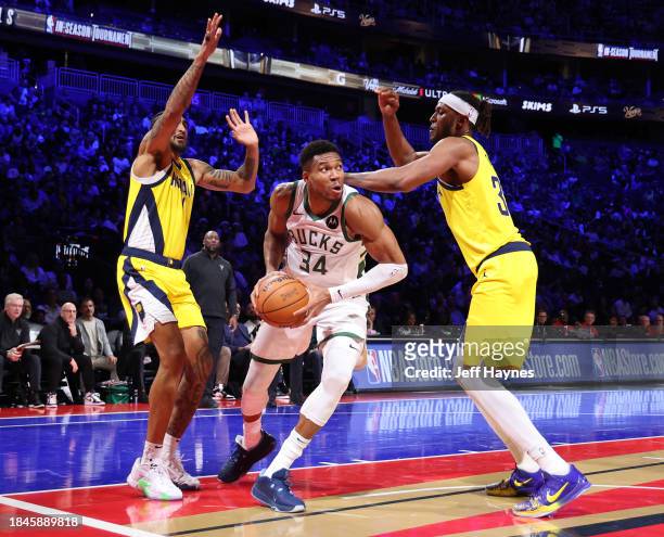 Giannis Antetokounmpo of the Milwaukee Bucks drives to the basket during the game against the Indiana Pacers during the semifinals of the In-Season...