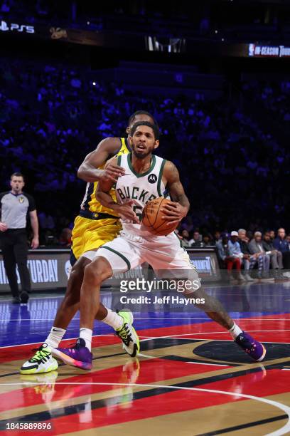 Malik Beasley of the Milwaukee Bucks drives to the basket during the game against the Indiana Pacers during the semifinals of the In-Season...