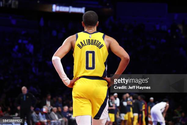 Tyrese Haliburton of the Indiana Pacers looks on during the game against the Milwaukee Bucks during the semifinals of the In-Season Tournament on...