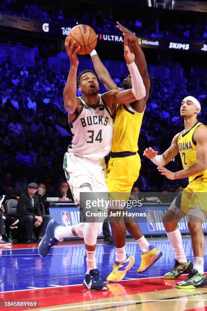 Giannis Antetokounmpo of the Milwaukee Bucks drives to the basket during the game against the Indiana Pacers during the semifinals of the In-Season...