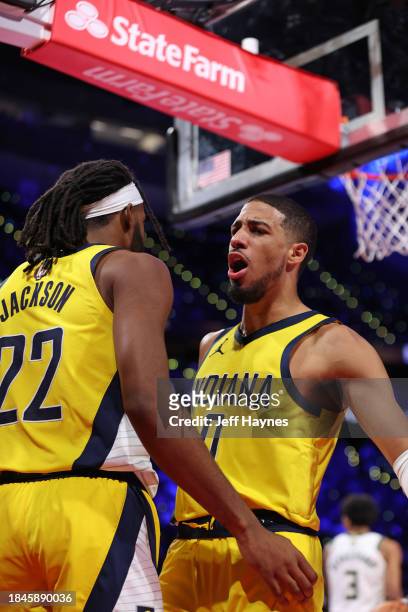 Tyrese Haliburton of the Indiana Pacers celebrates during the game against the Milwaukee Bucks during the semifinals of the In-Season Tournament on...