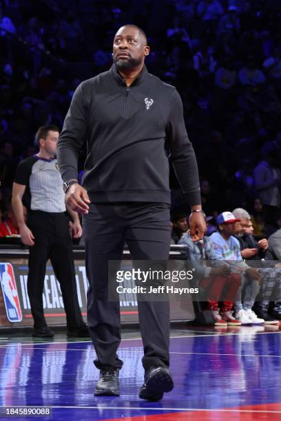 Head Coach Adrian Griffin of the Milwaukee Bucks looks on during the game against the Indiana Pacers during the semifinals of the In-Season...