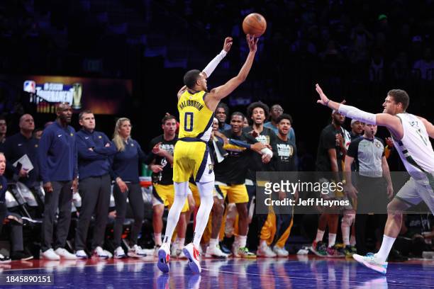 Tyrese Haliburton of the Indiana Pacers three point basket during the game against the Milwaukee Bucks during the semifinals of the In-Season...