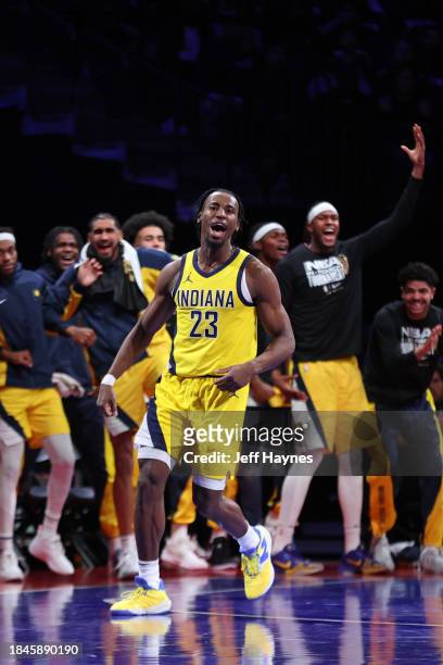 Aaron Nesmith of the Indiana Pacers celebrates during the game against the Milwaukee Bucks during the semifinals of the In-Season Tournament on...