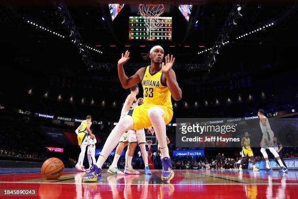 Myles Turner of the Indiana Pacers celebrates during the game against the Milwaukee Bucks during the semifinals of the In-Season Tournament on...