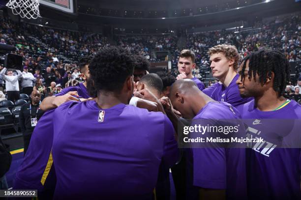 Utah Jazz team huddle before the game on December 13, 2023 at Delta Center in Salt Lake City, Utah. NOTE TO USER: User expressly acknowledges and...