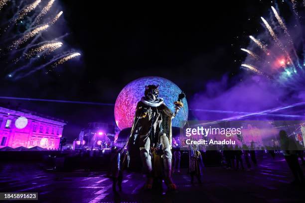 Artists perform their talents during the Christmas performance of 'Constelaciones' at the Plaza de Bolivar in Bogota, Colombia on December 13, 2023....