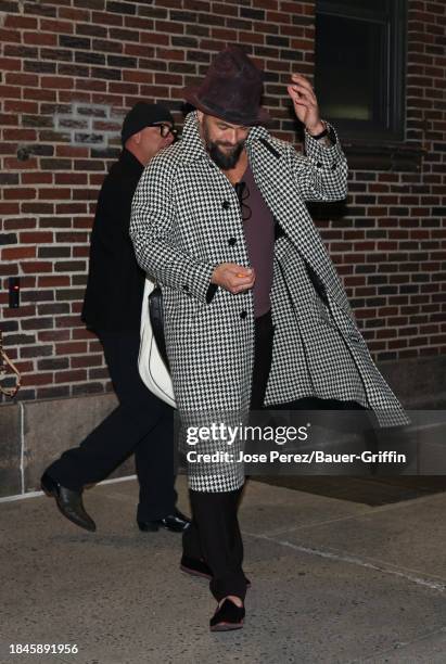 Jason Momoa is seen at the "Late Show with Stephen Colbert" on December 13, 2023 in New York City.