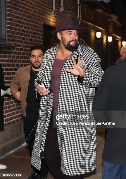 Jason Momoa is seen at the "Late Show with Stephen Colbert" on December 13, 2023 in New York City.