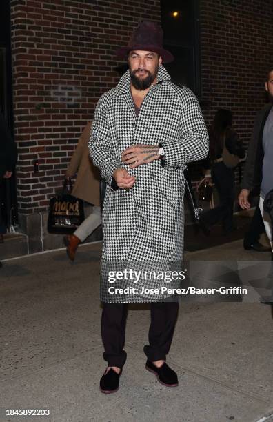 Jason Momoa is seen at the "Late Show with Stephen Colbert" on December 13, 2023 in New York City.