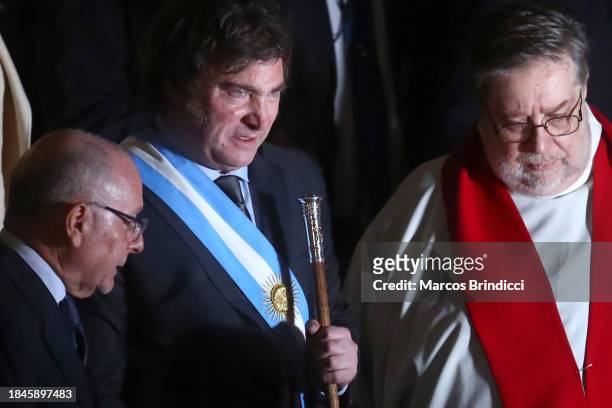 President of Argentina Javier Milei leaves after an interreligious service at the Metropolitan Cathedral on December 10, 2023 in Buenos Aires,...
