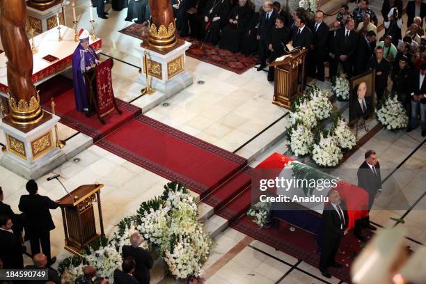 Bechara Boutros al-Rahi, 77th Maronite Patriarch of Antioch, leads the funeral ceremony of Wadih El Safi, the Lebanese singer and composer, at...