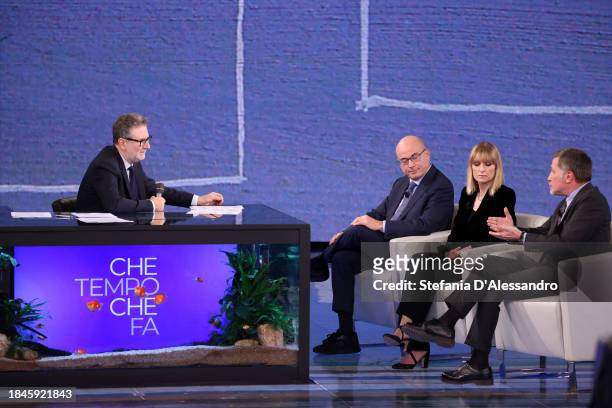 Fabio Fazio, Aldo Cazzullo, Annalisa Cuzzocrea and Massimo Giannini attend the "Che Tempo Che Fa" TV Show on December 10, 2023 in Milan, Italy.