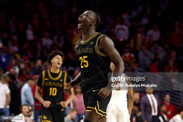 Aboubacar Traore of the Long Beach State 49ers reacts after block during overtime against the USC Trojans at Galen Center on December 10, 2023 in Los...