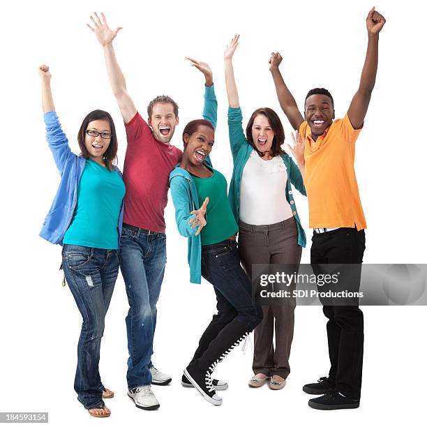 excited young group with hands in the air - group of people white background stock pictures, royalty-free photos & images