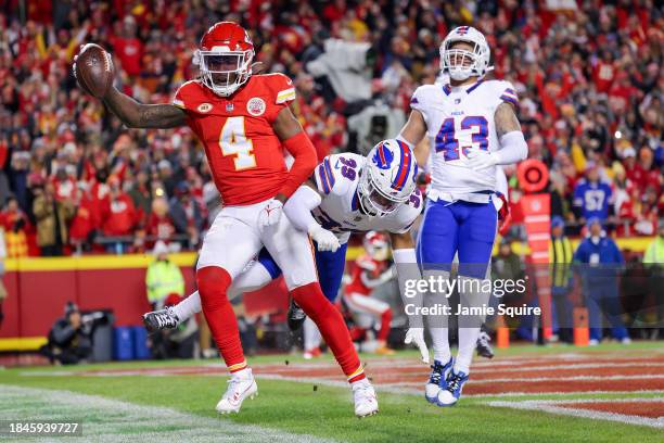 Rashee Rice of the Kansas City Chiefs reacts after scoring a touchdown during the second half of the game against the Buffalo Bills at GEHA Field at...