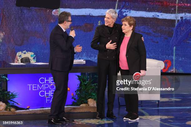 Fabio Fazio, Claudio Baglioni, Sand Mara Maionchi attend the "Che Tempo Che Fa" TV Show on December 10, 2023 in Milan, Italy.