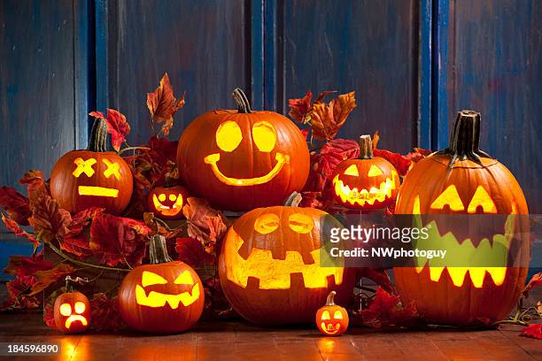 halloween jack-o-lantern pumpkins - scary pumpkin faces bildbanksfoton och bilder