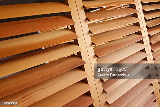 western red cedar plantation shutters (open) - vertical blinds stock pictures, royalty-free photos & images