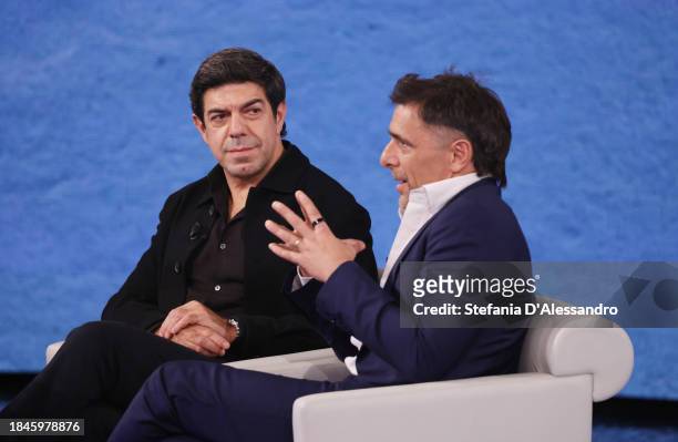 Pierfrancesco Favino and Adriano Giannini attend the "Che Tempo Che Fa" TV Show on December 10, 2023 in Milan, Italy.