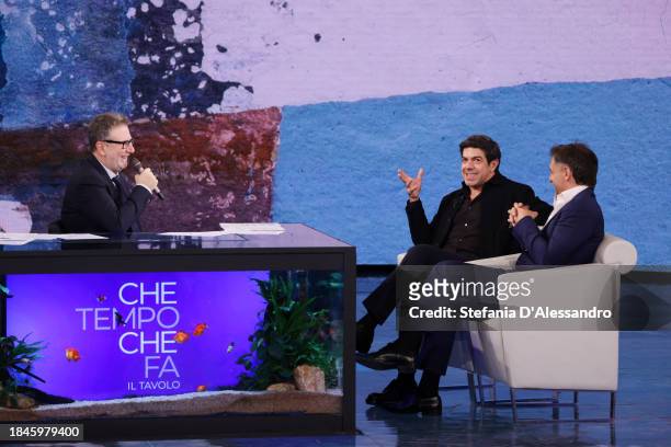 Fabio Fazio, Pierfrancesco Favino and Adriano Giannini attend the "Che Tempo Che Fa" TV Show on December 10, 2023 in Milan, Italy.